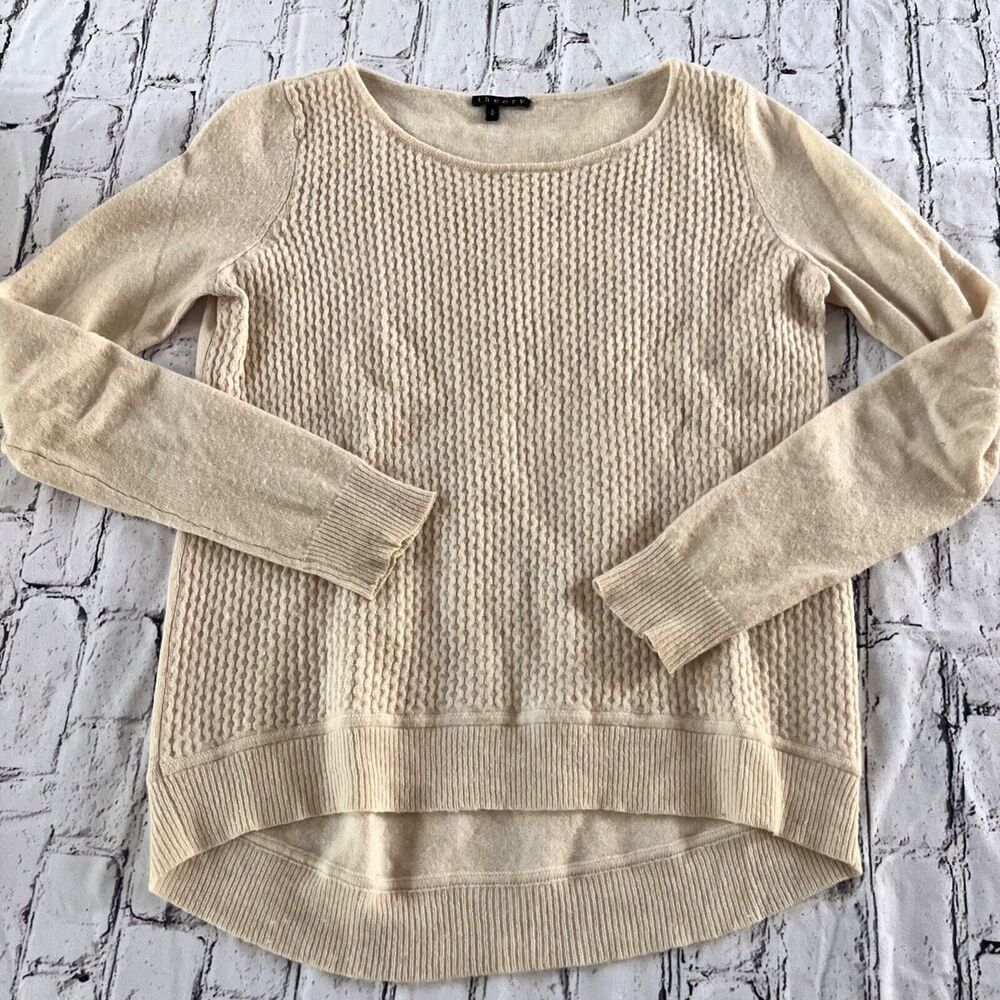 Theory 100% Cashmere Sweater Textured High Low Size S Tan Cream Relaxed Read